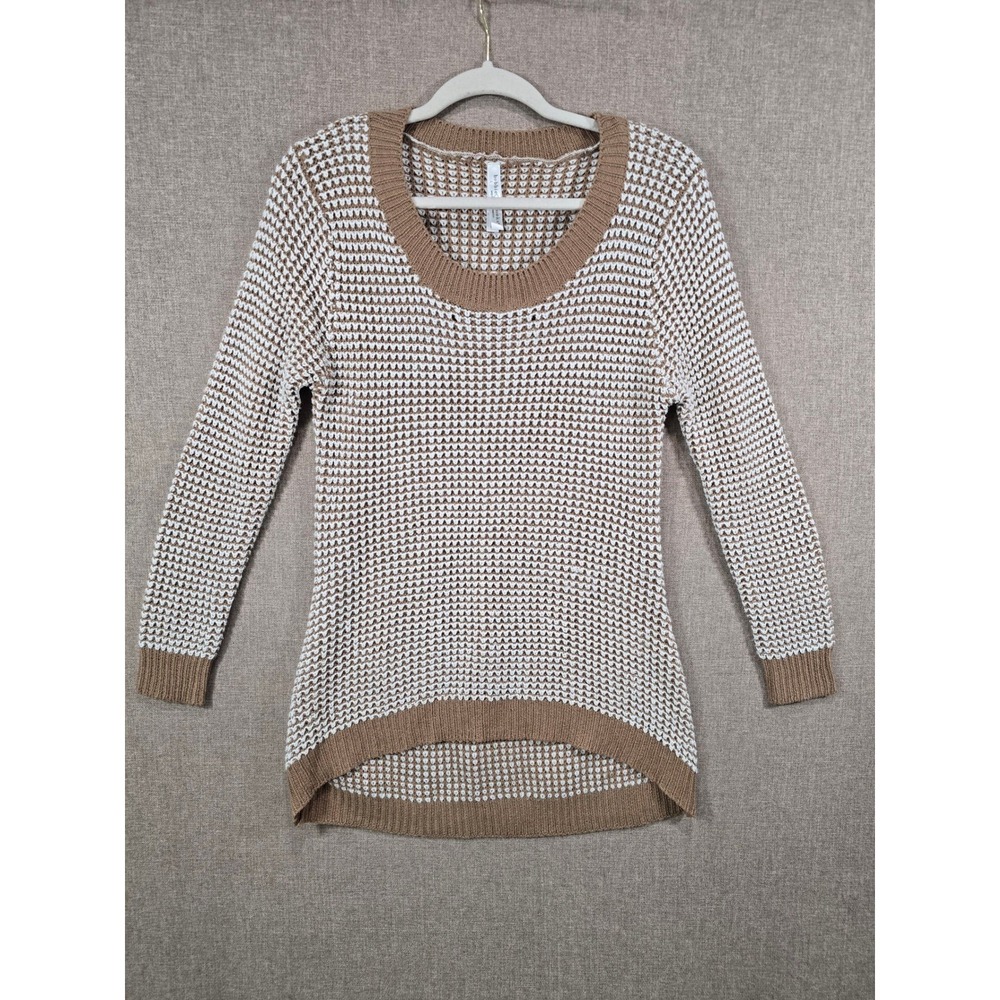 Two Tone Tan White Textured Honeycomb Knit Crew Neck Sweater Long Sleeve